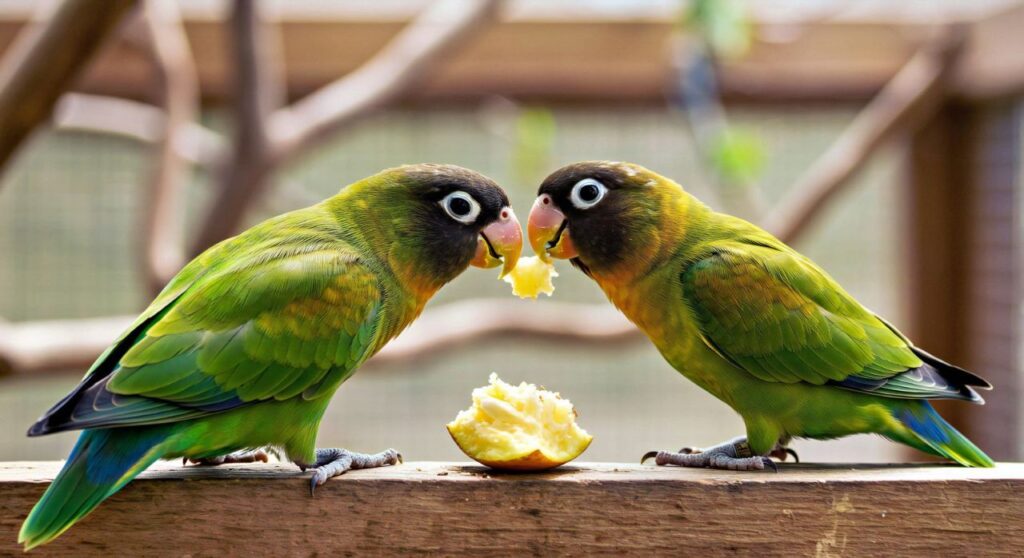 Two lovebirds sharing fruit on a wooden rail