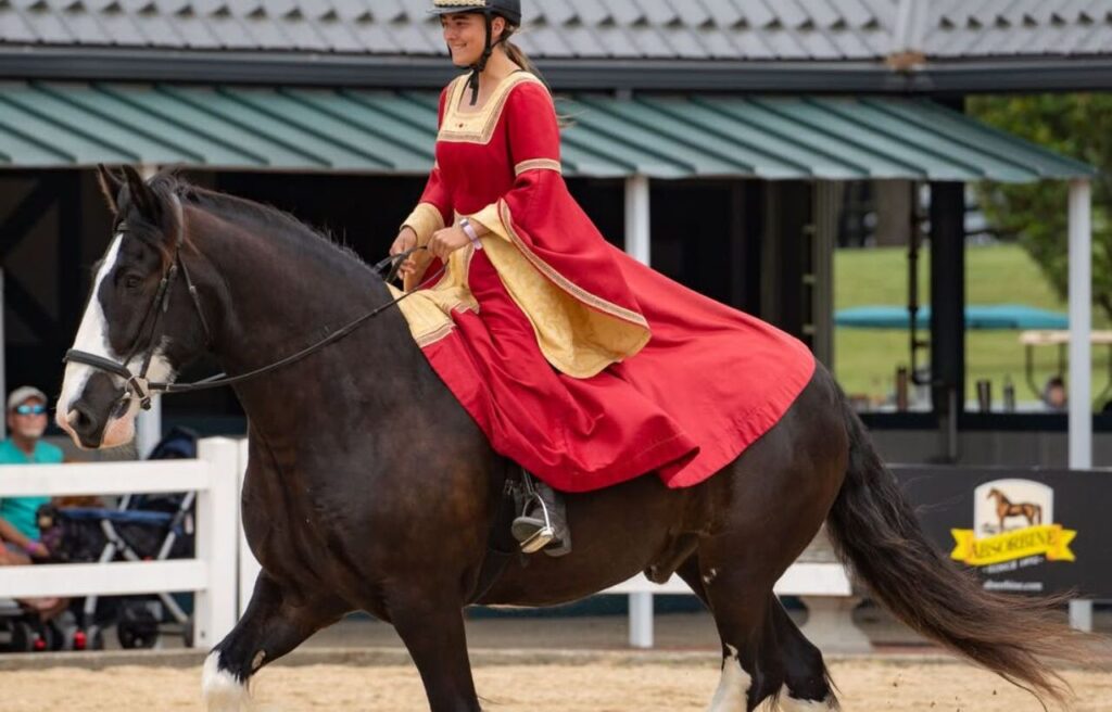 A Shire horse ridden by a woman in a flowing red medieval-style dress.