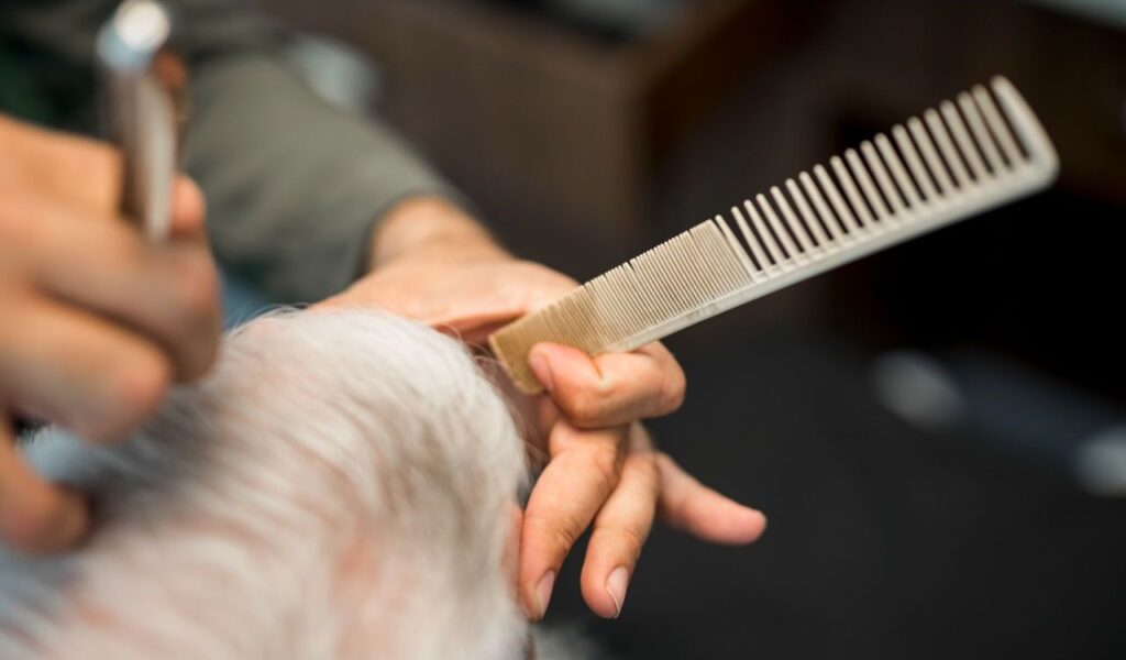 Close-up of dog grooming, with hands holding a comb and scissors.