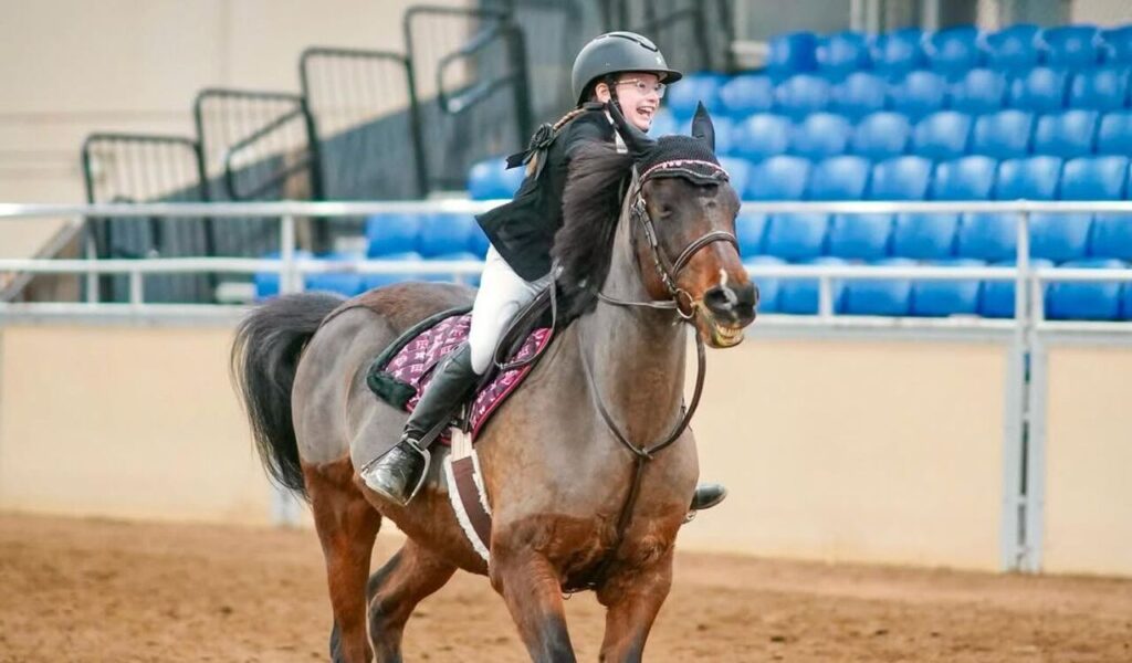 Smiling young rider on a dark brown Morab horse