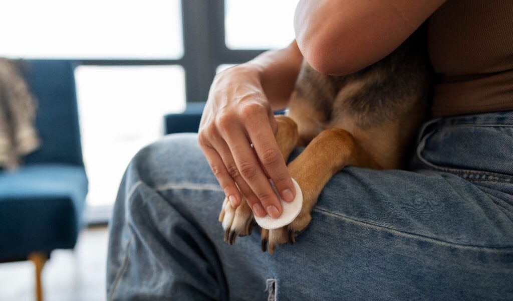 dog having its paws cleaned while sitting on a person's lap.