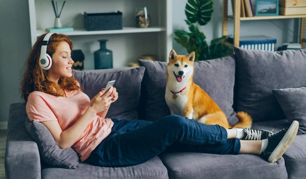 Girl relaxing with Shiba Inu on sofa