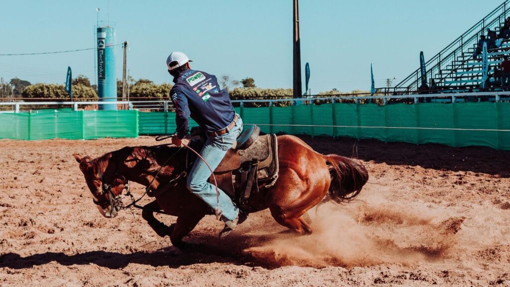Cowboy riding horse in dusty rodeo arena.