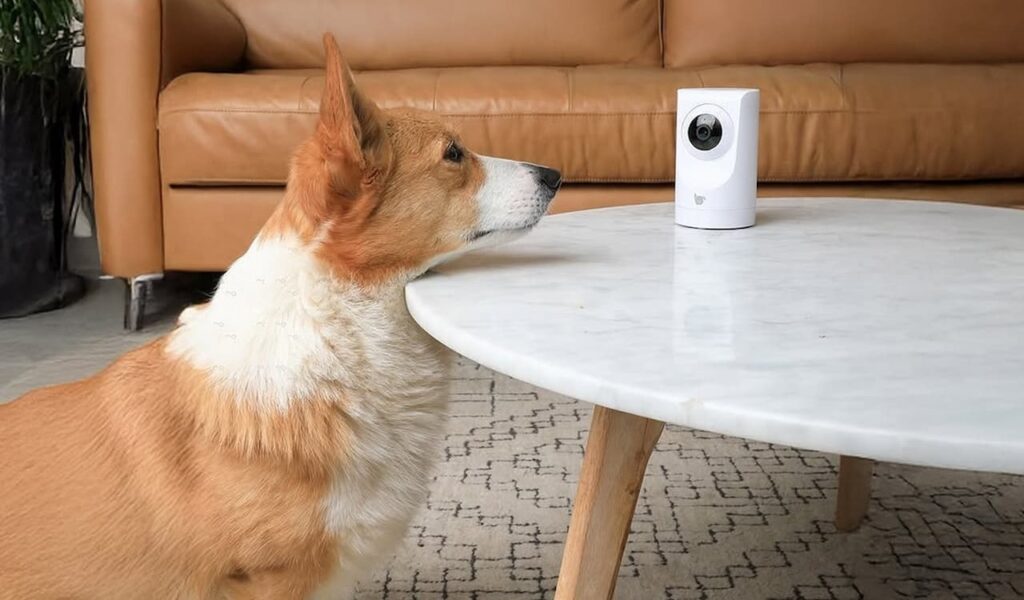 Corgi staring at camera on table