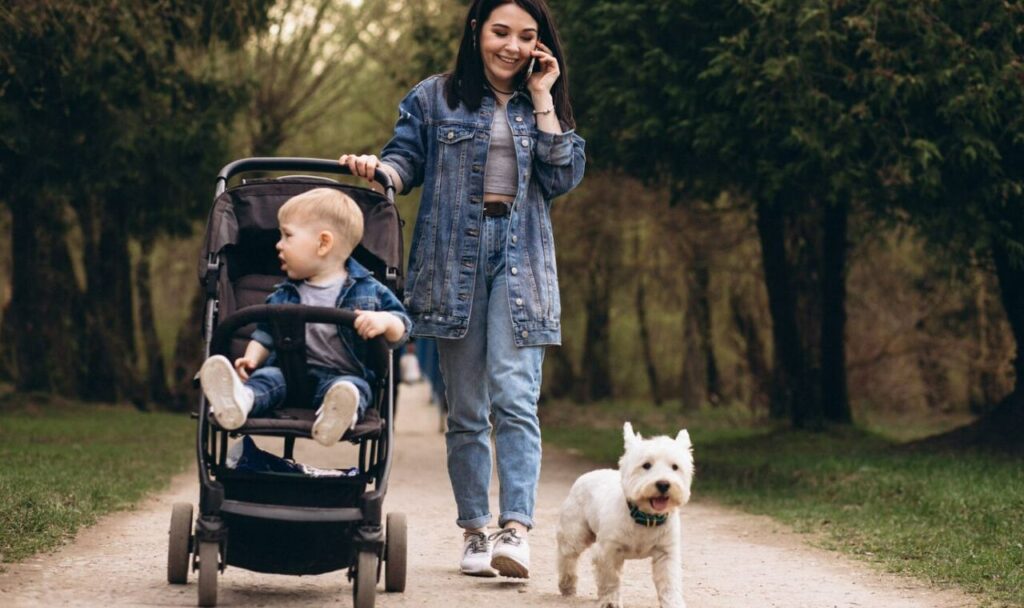 Mother with son and dog