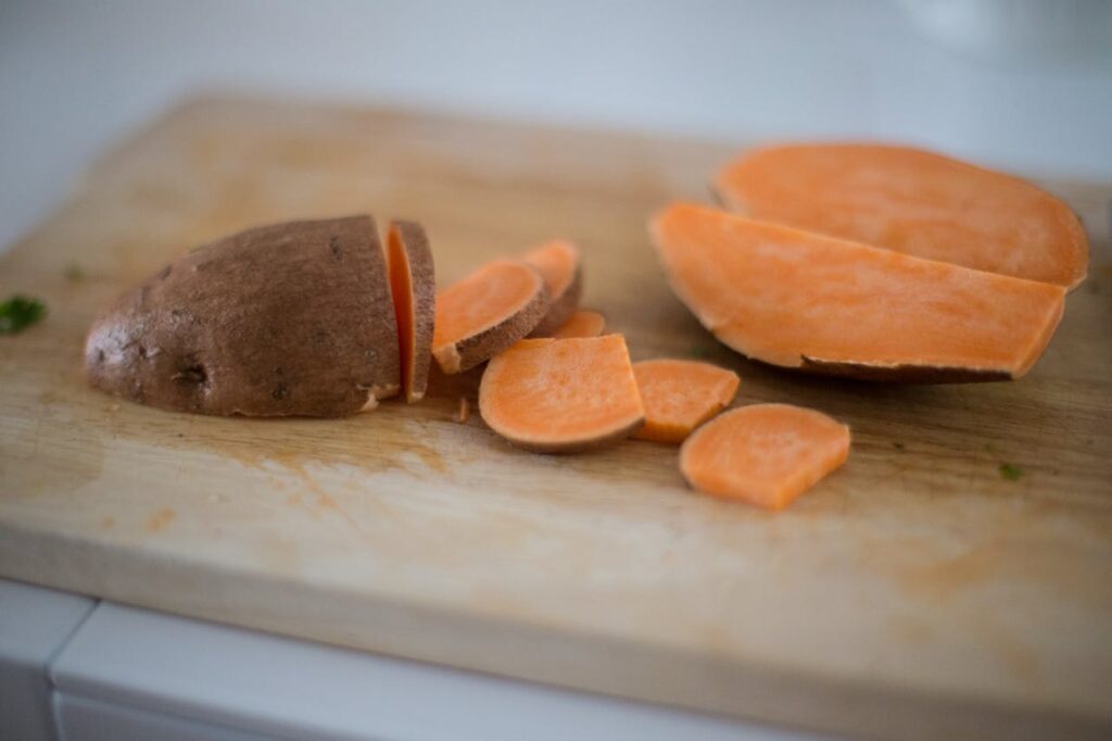 Dog eating sweet potato