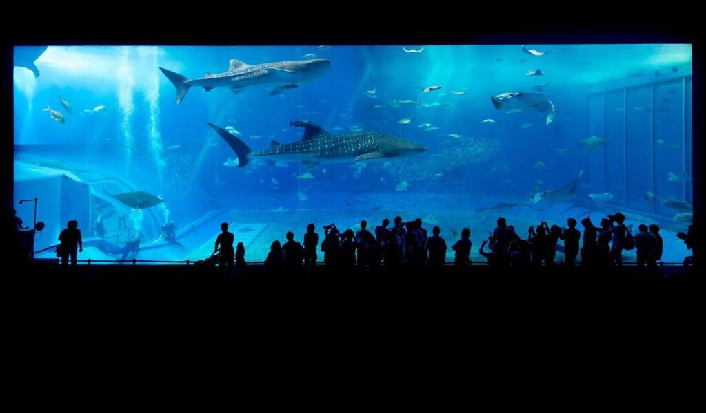 Crowd watching a massive aquarium tank.