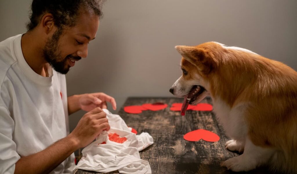 Man crafting at table with corgi watching
