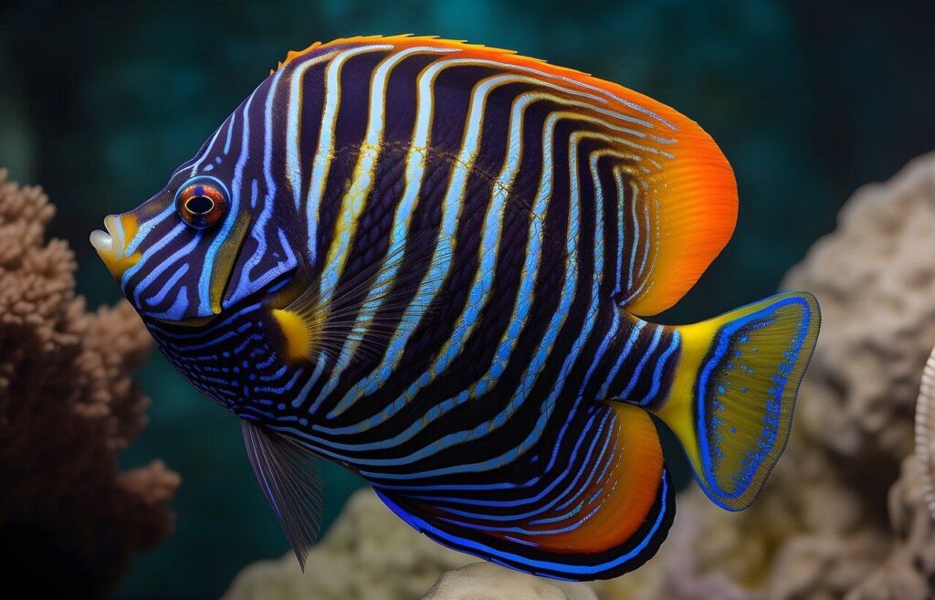 Brightly striped angelfish swimming near coral underwater.