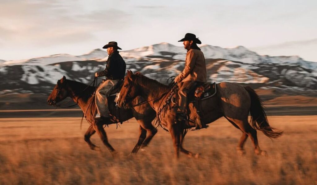 Two cowboys ride through a golden field on wild horses, with snow-capped mountains behind them.