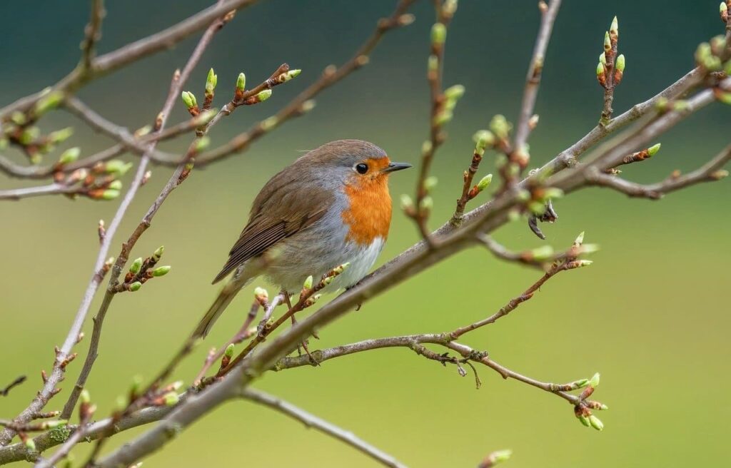 European robin on budding branch