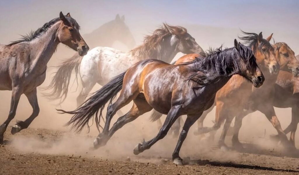 A herd of wild horses runs through dust, muscles tense and manes flying.