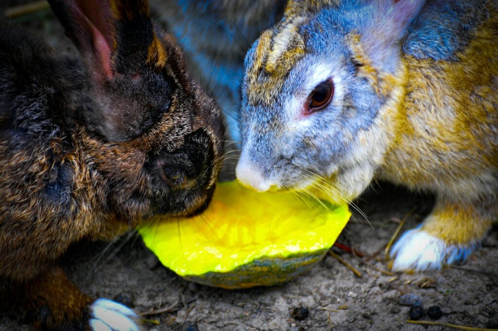 Rabbit eating avocado