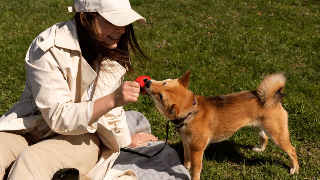 Puppy playing with women