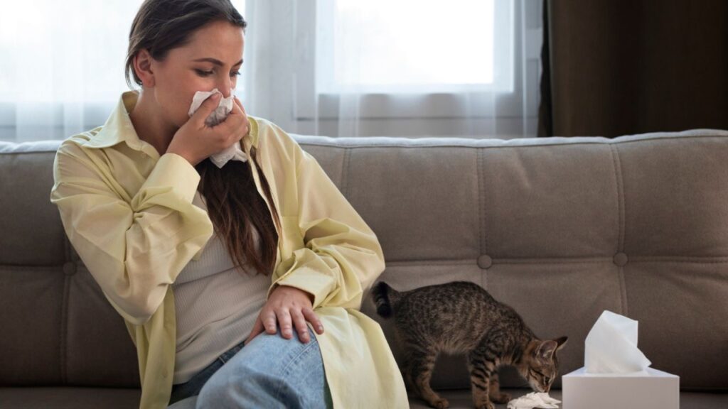 Women sneezing with cat nearby