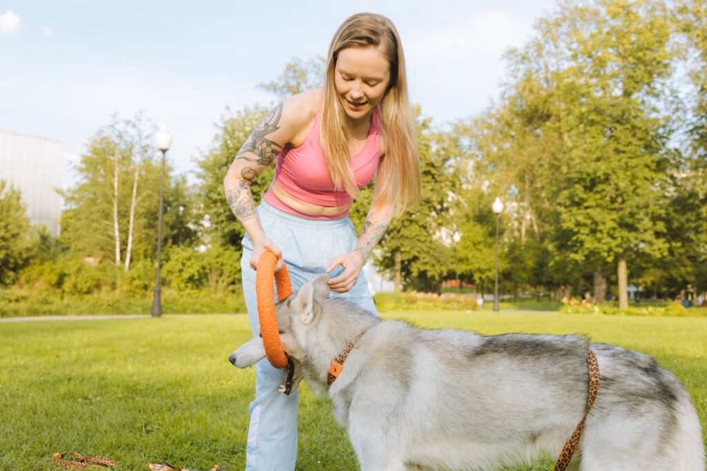 Owner with shy dog energetic pet behavior